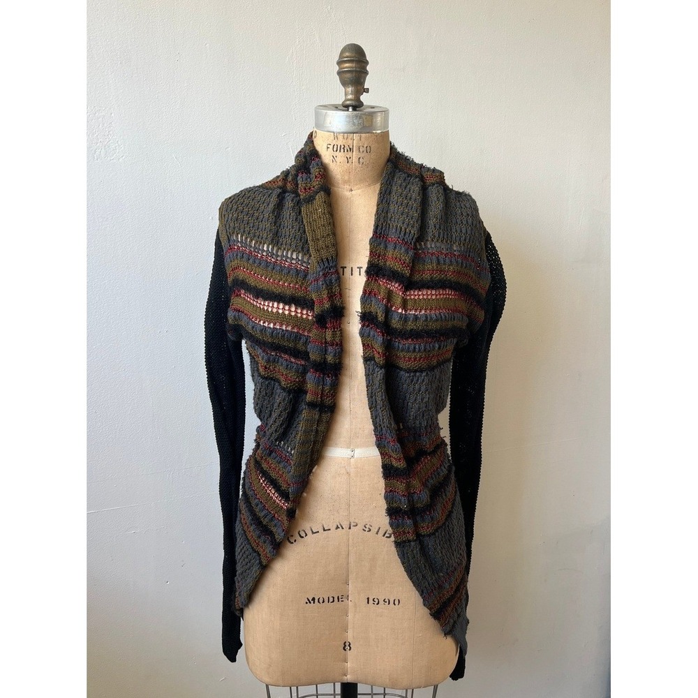 Kensie Womens Open Front Cardigan Striped Mixed Knit Mesh Back Small Gray Olive